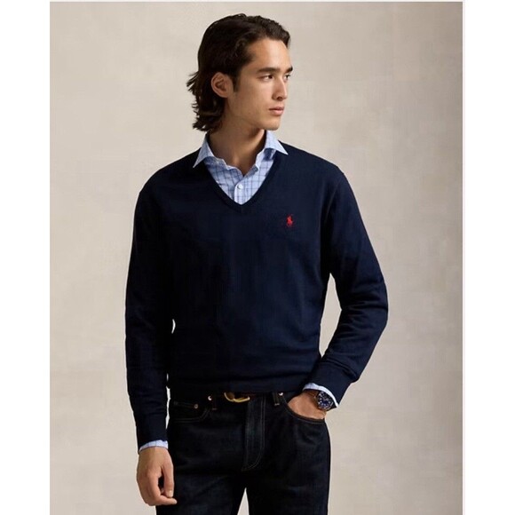 Polo Ralph Lauren Lambs Wool Sweater Mens XL Blue V Neck Pullover Casual Pony - Picture 1 of 5